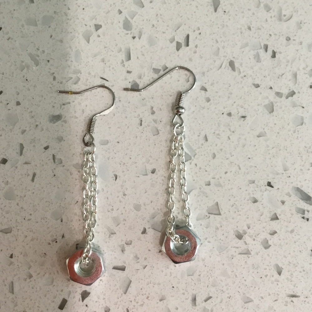 Silver Chain Drop Earrings with Hex Nut Accent